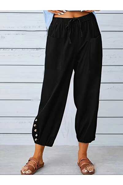 JANES Women's Elastic Waist Lace-Up Button Detailed Trousers