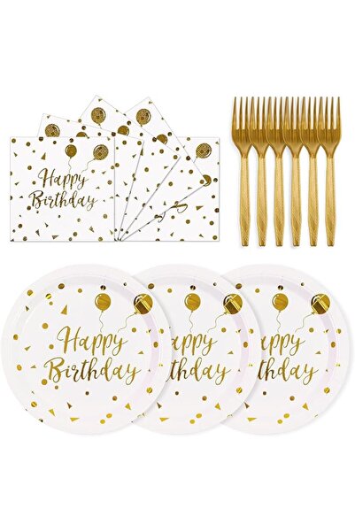 Paporich 60Pcs Happy Birthday Paper Plates - 7 Inch White Gold Dot Paper Plat...