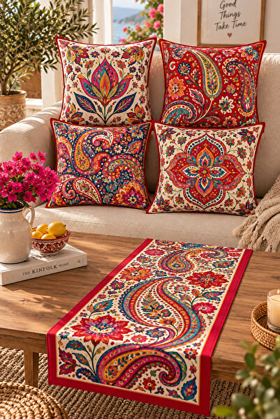 Nari Collections Saray Şıklığı 4’lü Kırlent Kılıfı + 1 Runner Seti – 43x43 cm...