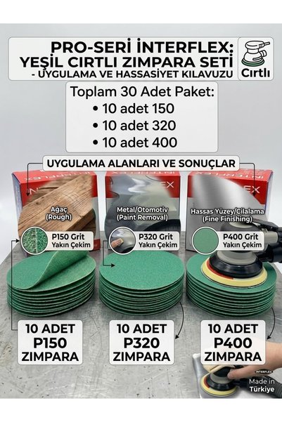 Interflex 115 mm Cırtlı Zımpara Seti - 30 Adet Yeşil Zımpara (10x P150, 10x P...