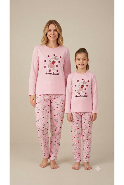 Genel Markalar Tavşan Desenli Anne-Çocuk Kombin Pembe Pijama Takımı