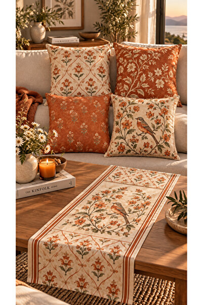 Nari Collections Kiremit Bahçesi 4’lü Kırlent Kılıfı + 1 Runner Seti – 43x43 ...