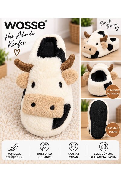 WOSSE Unisex Plush Anti-Slip Home Slippers with Cow Figure