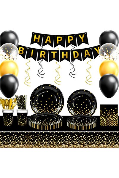 Generic Black and Gold Party Tableware Serves 16, Black Golden Dot Tableware Set