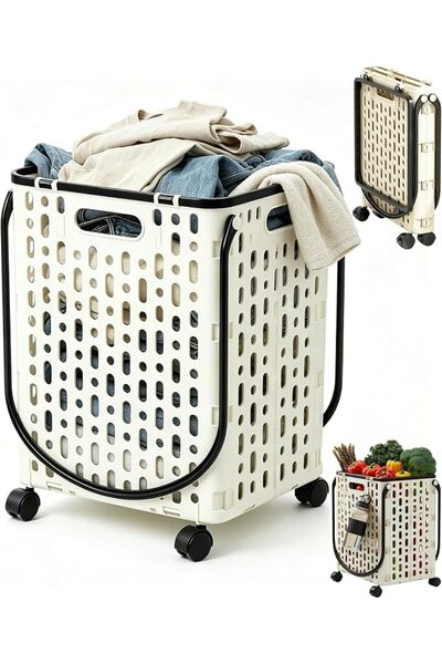 LBMT Foldable Rolling Utility Cart with Wheels, Storage Duty Plastic Box with...