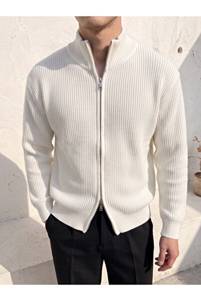 Gambocci Men's Knitted Patterned Double Zipper Cardigan