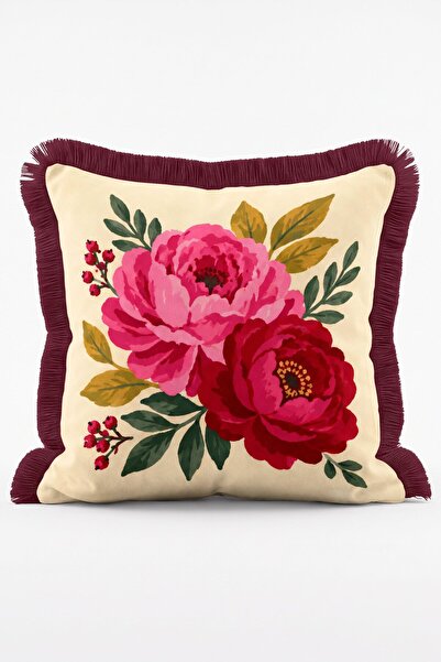 IdeCraft Palace Garden Pink and Red Peony Floral Pattern Fringed Throw Pillow...