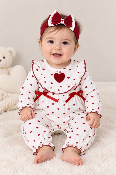 LUCEVERA Baby Girl Heart Patterned Ruffle Long Sleeve Romper and Headband 2 P...