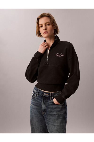 Calvin Klein Women's Regular Fit Half Zip Cotton Low Shoulder Long Sleeve Bla...