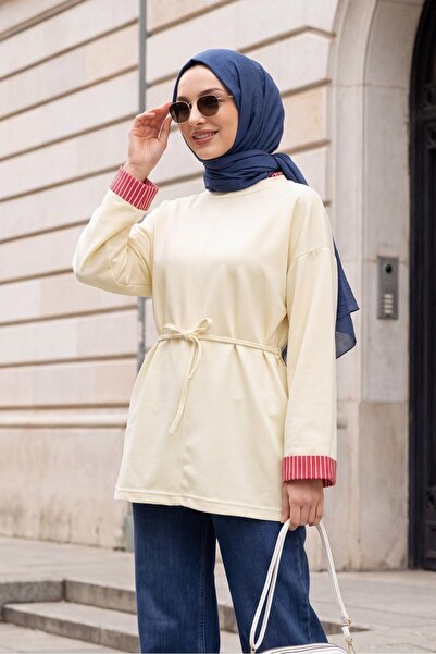 Modamorfo Slit Crew Neck Combed Cotton Sweatshirt with Tie at the Waist - Yellow