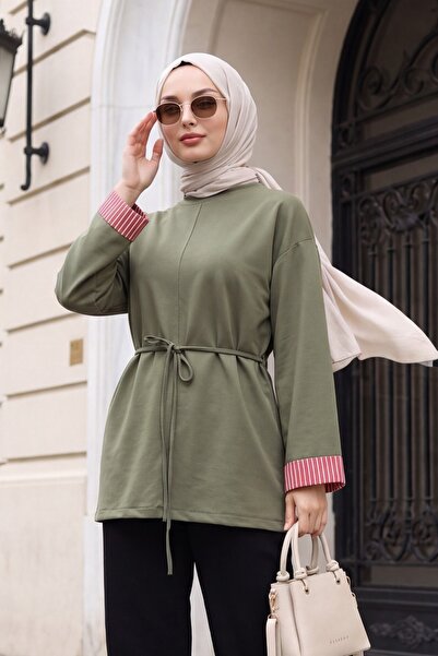 Modamorfo Slit Crew Neck Combed Cotton Sweatshirt with Tie at the Waist -Khaki