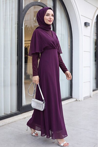 Modamorfo Silvery Chiffon Long Evening Dress - Plum