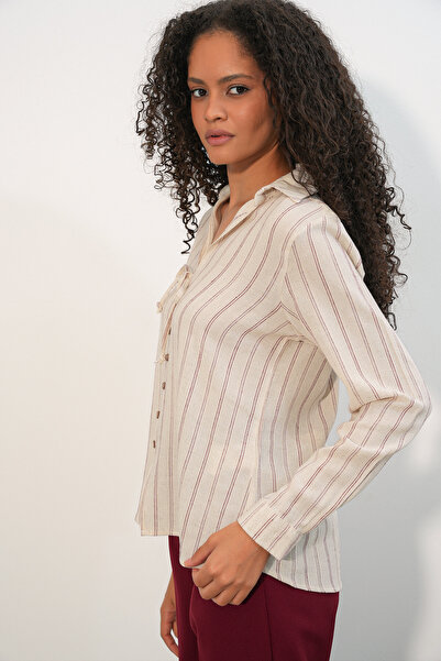 Modamorfo Women's Lace-Up Striped Linen Shirt 995 - Burgundy