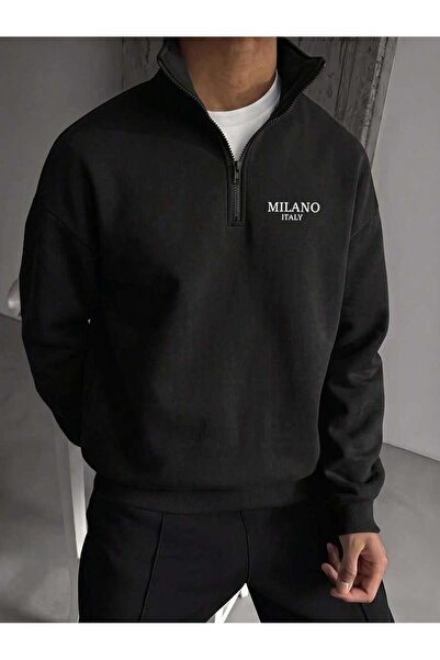 Mythologie Black Milano Italy Half-Zip Sweatshirt - Printed Oversized Stand C...