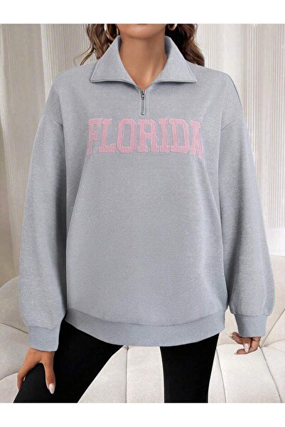 Mythologie 3 Thread Gray Florida Lettered Half-Zip Sweatshirt - Printed Overs...