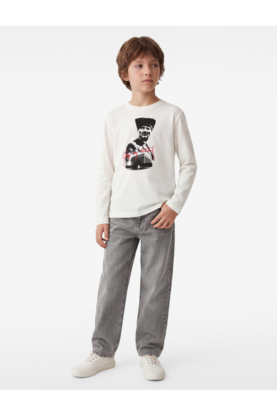 Koton Ataturk Printed Cotton Crew Neck Long Sleeve T-Shirt
