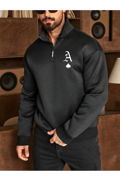 Mythologie Black a Heart Half-Zip Sweatshirt - Printed Oversized Stand Collar