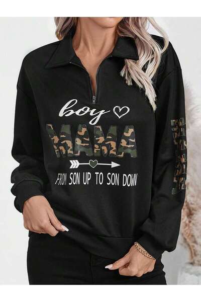 Mythologie 3 Thread Black Boy Mama Half-Zip Sweatshirt - Printed Oversize Sta...