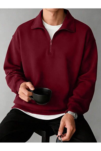 Mythologie Burgundy Basic Plain Half-Zip Sweatshirt - Oversized Stand-Up Collar