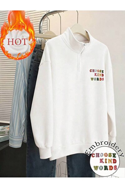 Mythologie 3 Thread White Kind Words Half-Zip Sweatshirt - Printed Oversized ...