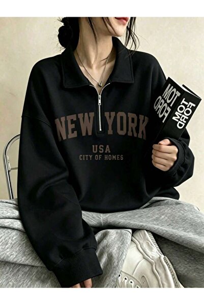 Mythologie 3 Thread Black New York City of Homes Half-Zip Sweatshirt - Printe...