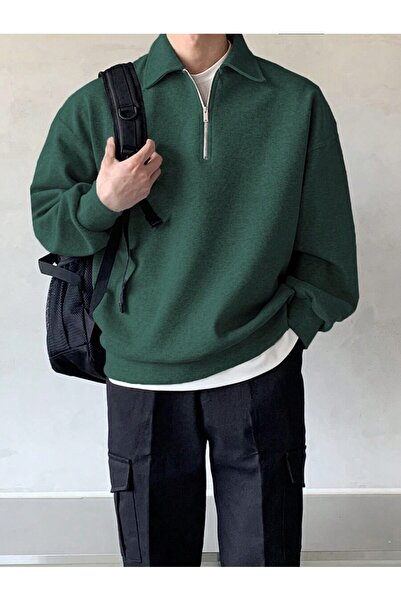 Mythologie 3 İplik Nefti Green Basic Plain Half-Zip Sweatshirt - Oversize Sta...