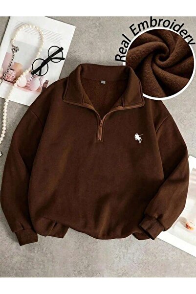 Mythologie 3 İplik Kahverengi Atlı Adam Yarım Fermuarlı Sweatshirt - Baskılı ...