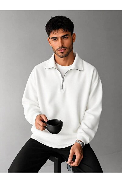 Mythologie White Basic Plain Half-Zip Sweatshirt - Oversized Stand-Up Collar