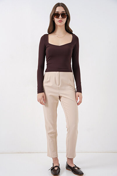 Modamorfo Women's Square Neck Slim Fit Blouse 986 - Brown