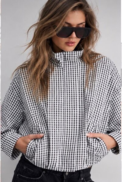 LinichandCo Black and White Gingham Plaid Stand Collar Oversize Women's Jacket