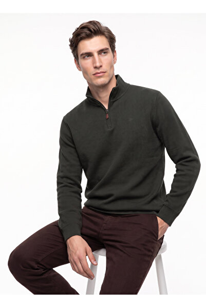 Mustang Haki Erkek Fermuarlı Basic Nakışlı Sweatshirt M6WM-SWT1591