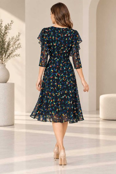 Bad Ro21-07(2) - Rochie damă neagră cu imprimeu confetti multicolor