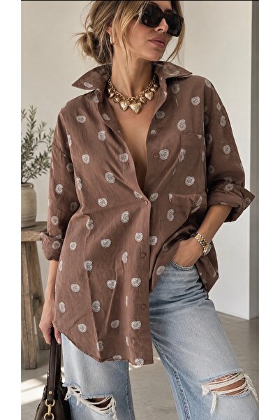 LinichandCo Καφέ πουκάμισο oversize με σχέδιο Paisley και σάλι, 100% βαμβάκι