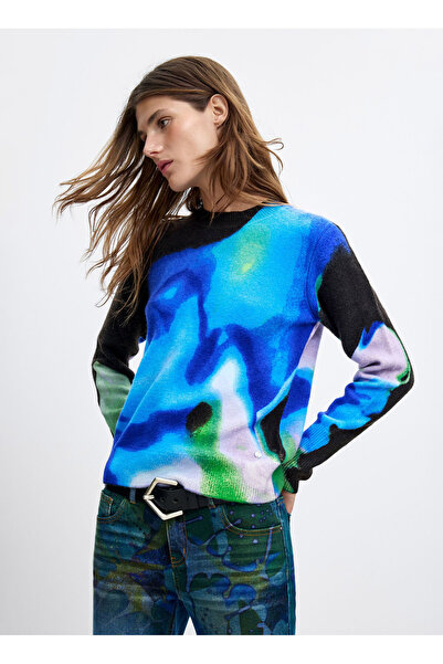 Desigual Mavi Kadın Bisiklet Yaka Regular Fit Baskılı Kazak 26WWJF03