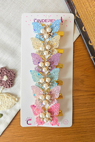 Cinderella 6'lı Özel Seri Simli Kanatlı Kelebek Toka Seti 5cm - İncili Taşlı ...