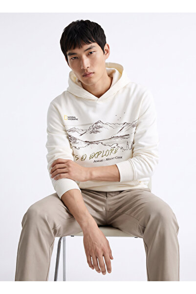 NATIONAL GEOGRAPHIC N6WM-SWT4344 Ekru Kapüşonlu Relaxed Baskılı Erkek Sweatshirt