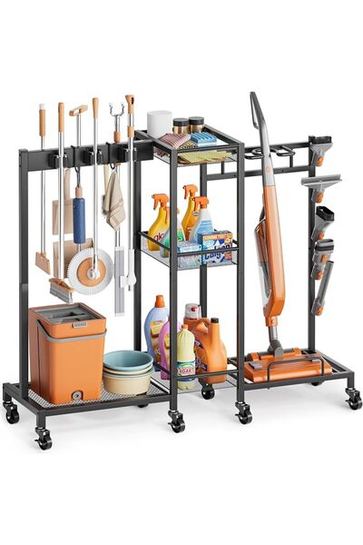 XICEN Broom Holder with Cleaning Supplies Organizer, Laundry Room Storage Cab...