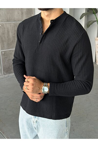 FO4RBS Henley Yaka Fitilli Sweat M Siyah