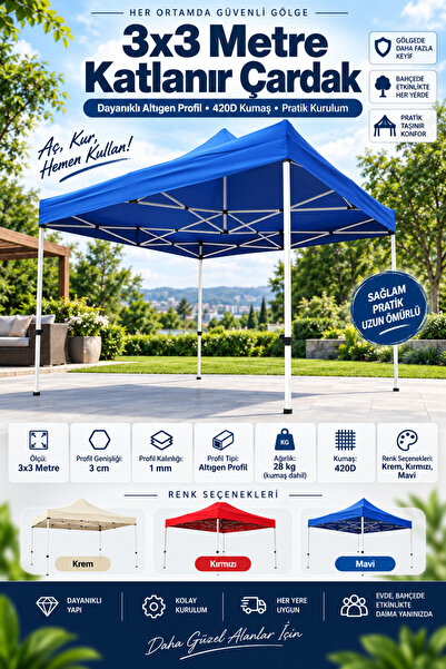 Genel Markalar 3x3 Metre Katlanır Çardak 420D Kumaş – 28 Kg Altıgen 30 mm Pro...