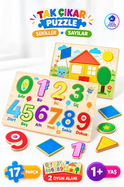 YILDIRIM OYUNCAK Tak Çıkar Puzzle Şekiller ve Sayılar 17 Parça – 2 Oyun Alanl...