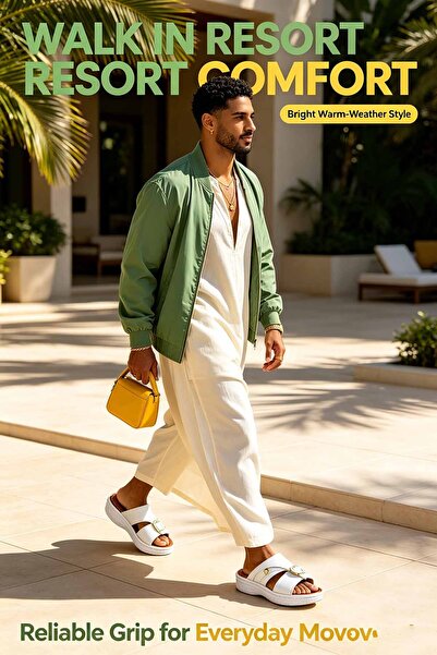 SoftSole KSA صندل رجالي مريح بكعب ويدج مع إبزيم ذهبي - جزء علوي من البولي يور...