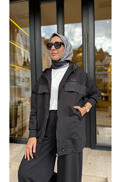 Almarwah Black ALL-7002 Paraşüt Detaylı Kapişonlu Kadın Kap Siyah