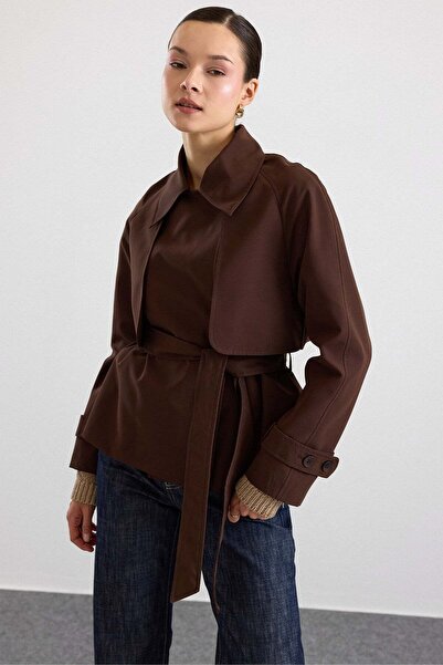 Olcay Cape Detailed Raglan Sleeve Water Repellent Short Trench Coat K. Brown ...