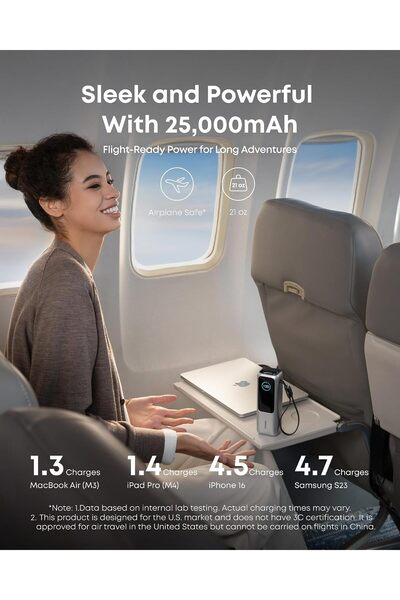 Anker شاحن محمول للكمبيوتر المحمول، بطارية احتياطية بسعة 25000 مللي أمبير، مع ثلاثة منافذ USB-C بقوة 100 واط لشحن أجهزة متعددة، مع كابلات قابلة للسحب، مناسب لسلسلة آيفون 16/15 وسامسونج وغيرها