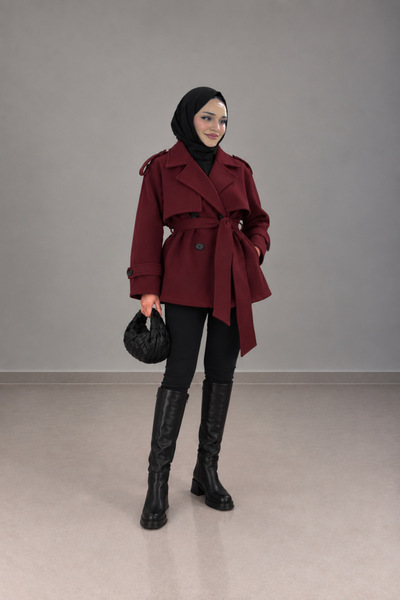BNGL Boutique V-Neck Belted Cashmere/Coat in Burgundy