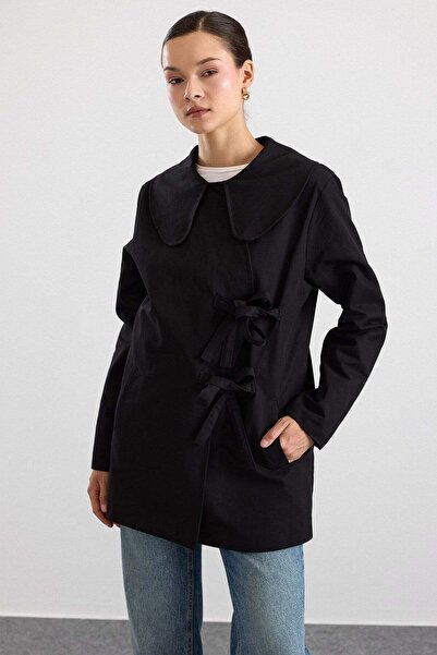 Olcay Baby Collar Lace-Up Closure Water-Repellent Trench Coat Black 6918