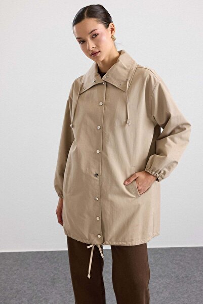 Olcay High Collar Snap Closure Casual Trench Coat Stone 6917