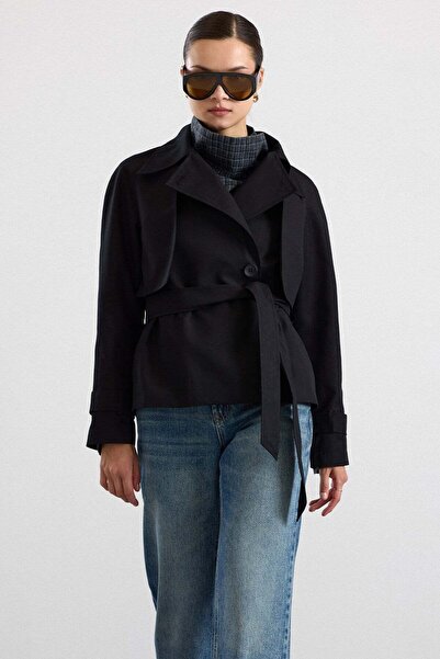 Olcay Cape Detailed Raglan Sleeve Water Repellent Short Trench Coat Black 6908