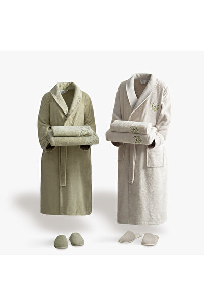 Green Black Florissa Family Bathrobe Set 10 Pieces 100% Cotton Embroidered Li...