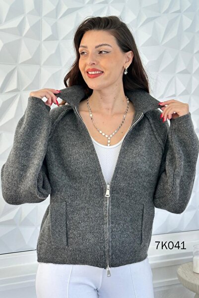 İnce Topuk Polo Collar Zippered Knitwear Cardigan 7K041